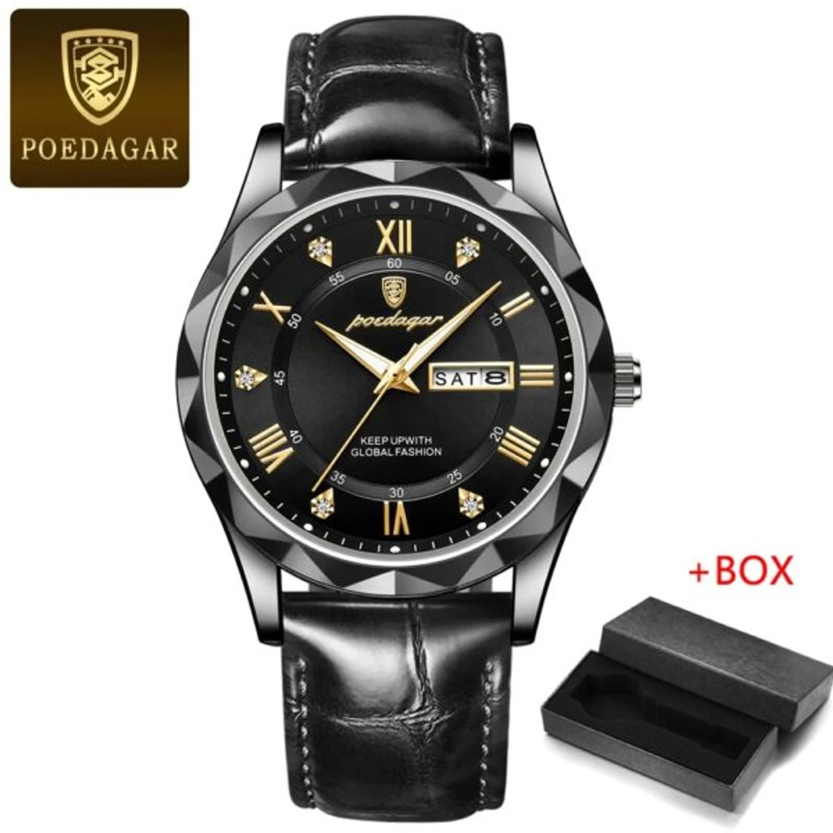 POEDAGAR 615 Leather Quartz Men’s Watch- Full Black