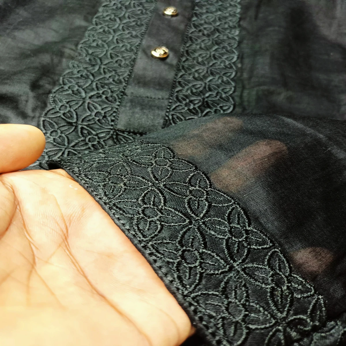 Adhi Dhuti Kaporer Embroidery Panjabi (Full Black) - Image 3