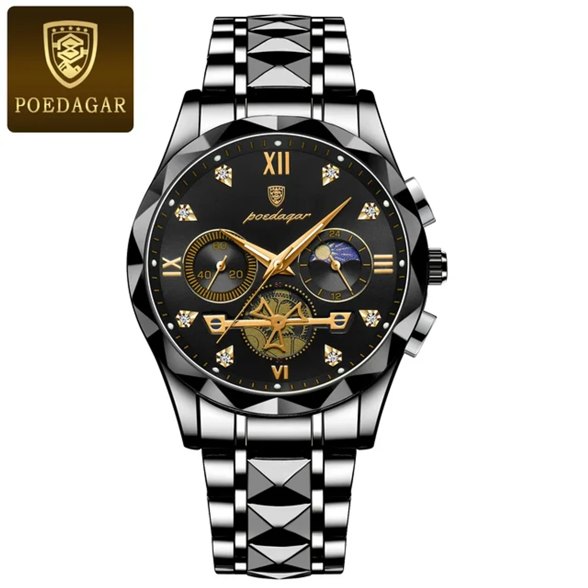 Poedagar Stainless Steel Luminous Quartz Watch For Men (Black)