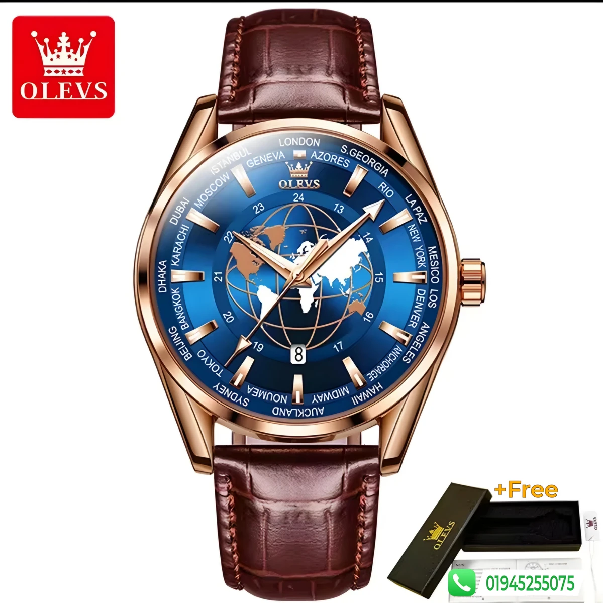 OLEVS 9926 Classic Earth Dial Watch (Brown Blue) - Image 3