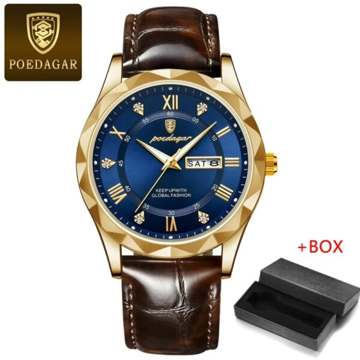 POEDAGAR 615 Leather Quartz Men’s Watch- Blue Golden