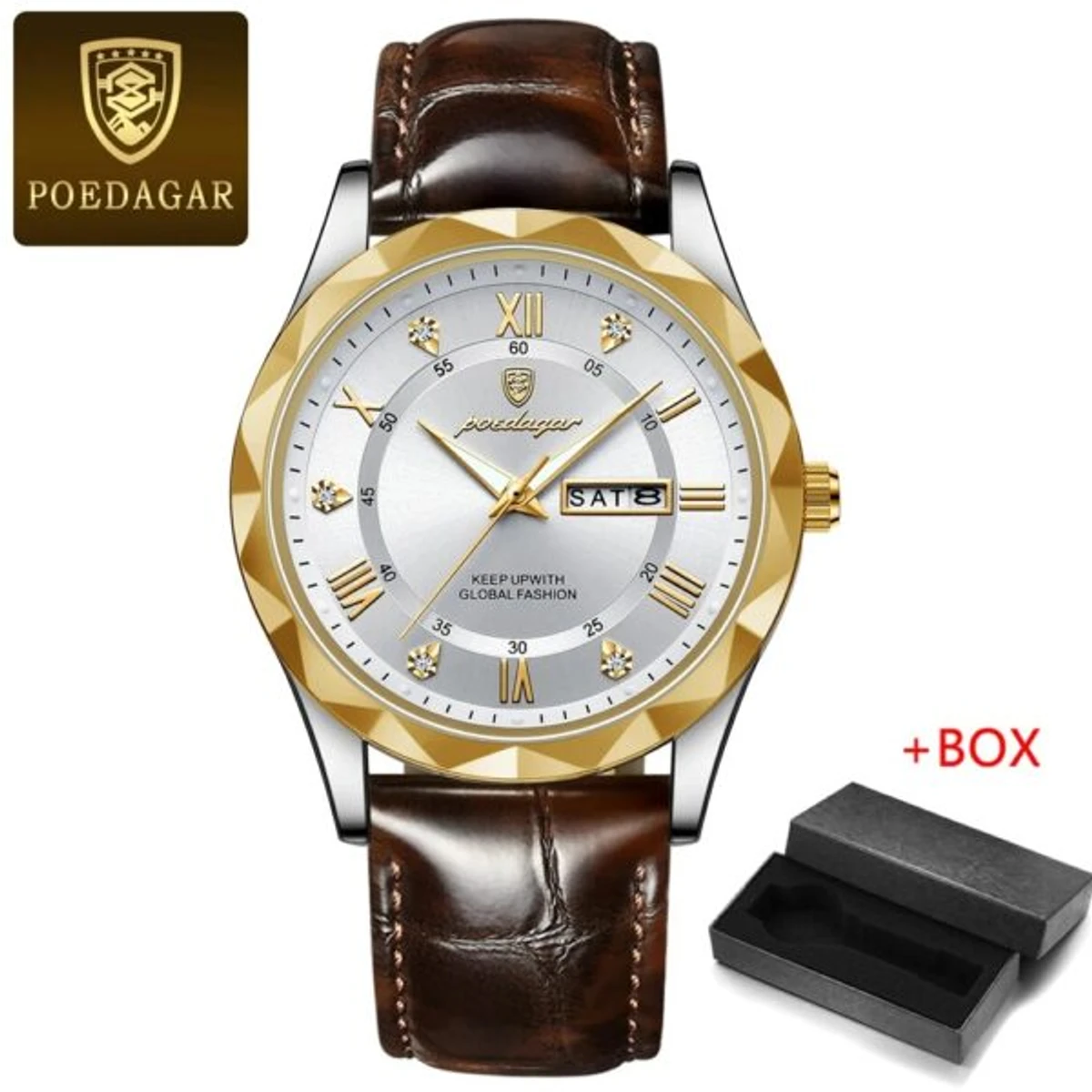 POEDAGAR 615 Leather Quartz Men’s Watch- White Golden