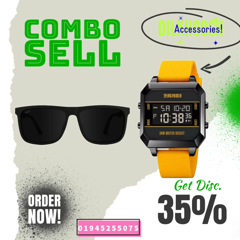 Sun glass And Watch Men - Yellow - ( Combo Pack )