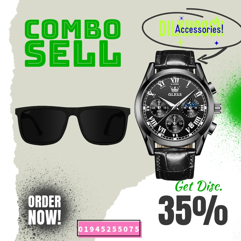 Sun glass And Watch Men - Full Black - ( Combo Pack )