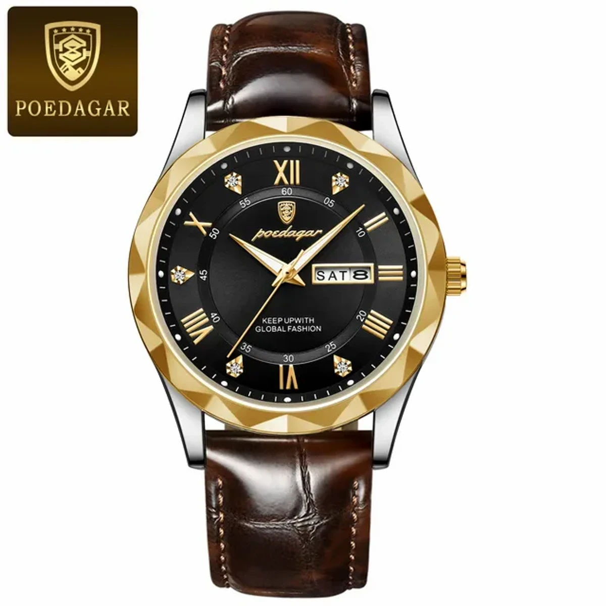 POEDAGAR 615 Leather Quartz Men’s Watch- Black Golden