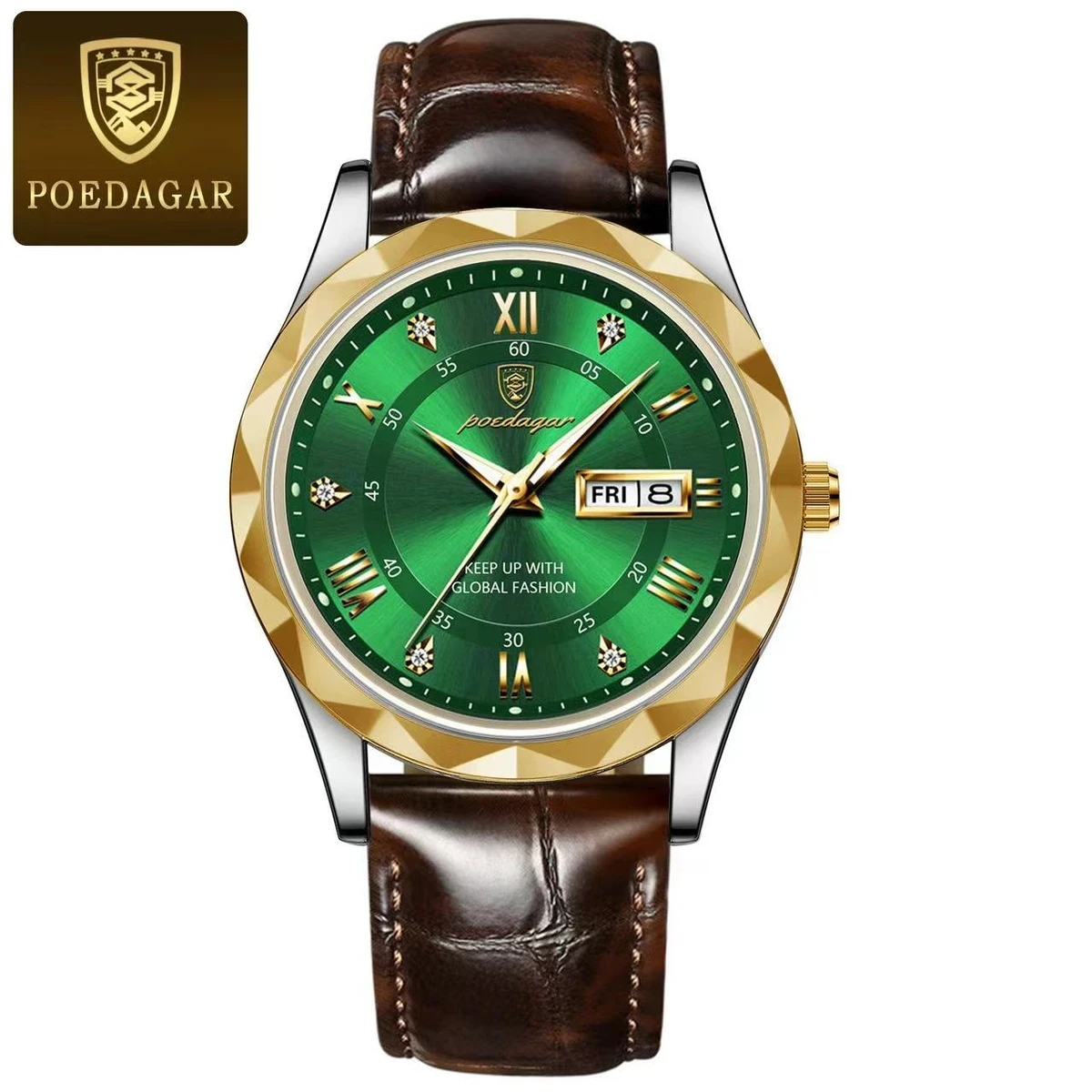 POEDAGAR 615 Leather Quartz Men’s Watch- Green Golden Dial