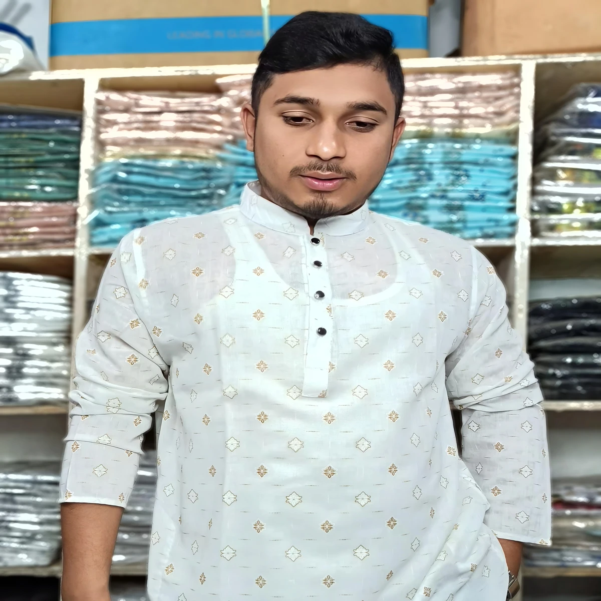 Pure Suti Prints Panjabi (Brown Dot Print)