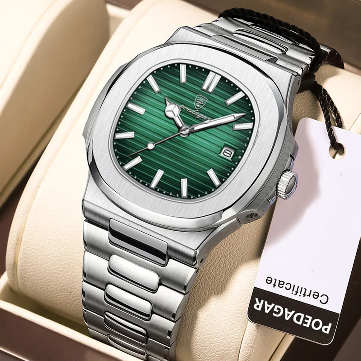 Poedagar 613 Luxury Stainless Steel Strap Watch (Green Dial)