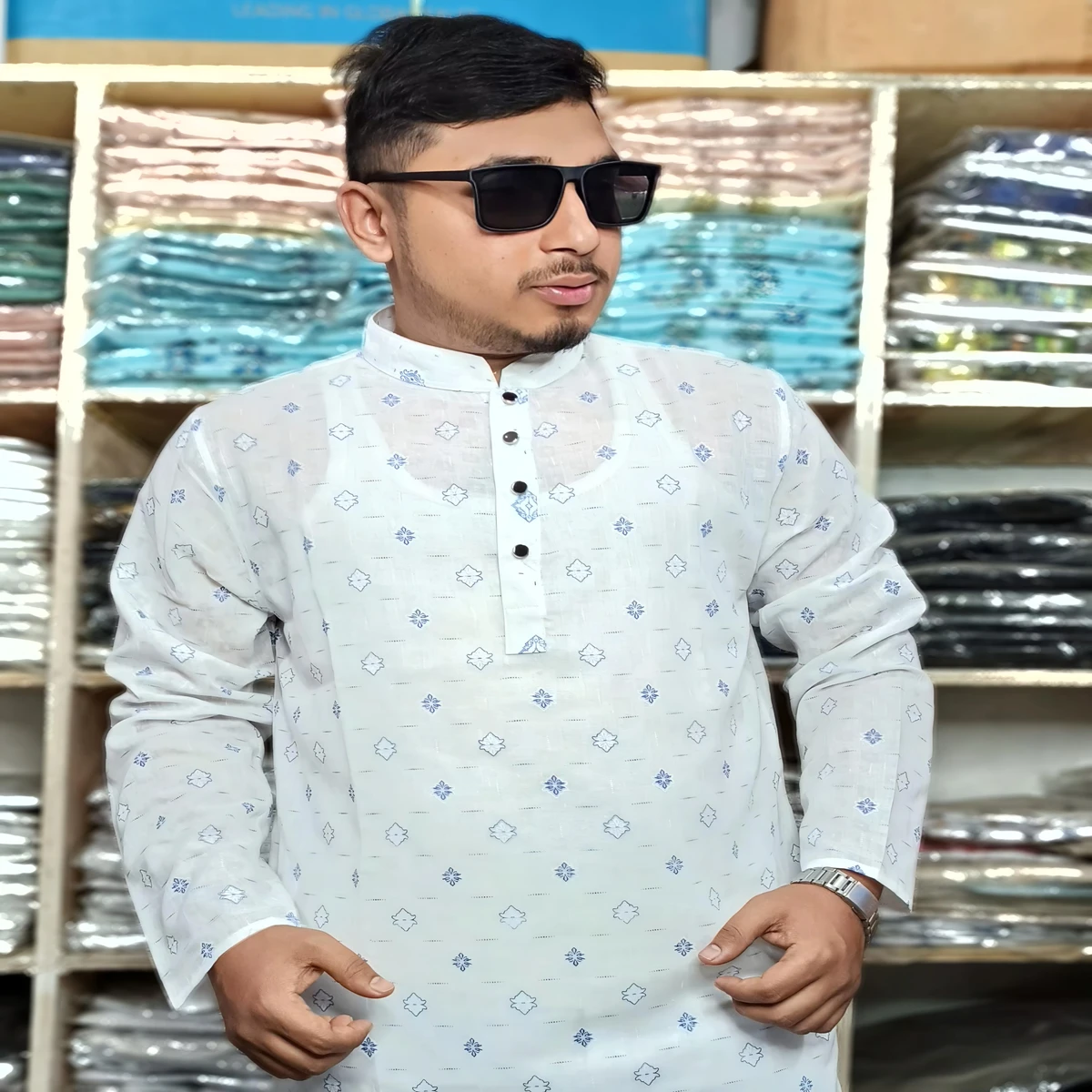 Pure Suti Prints Panjabi (Blue Dot Print)