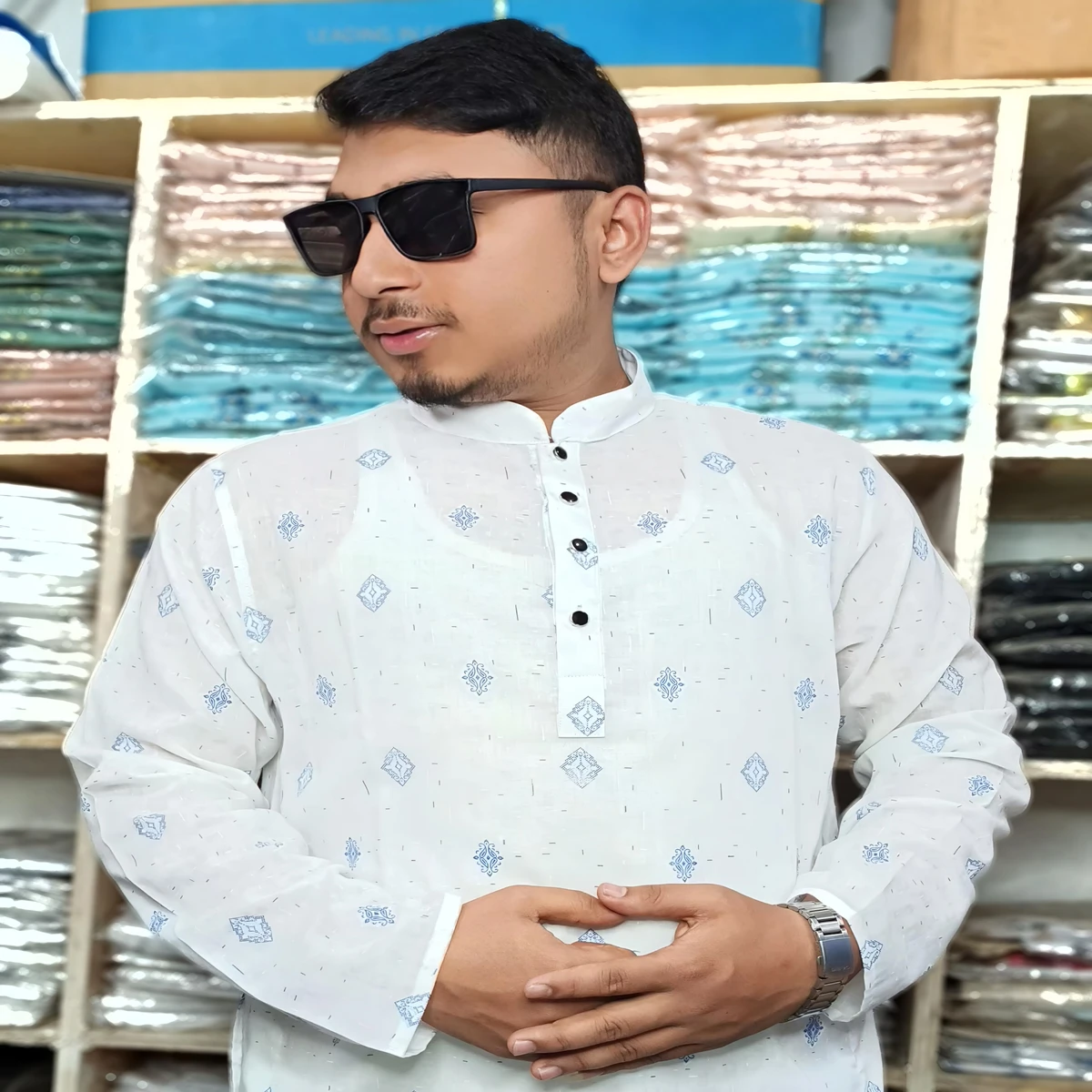 Pure Soft Print Panjabi (Blue Line Prints)