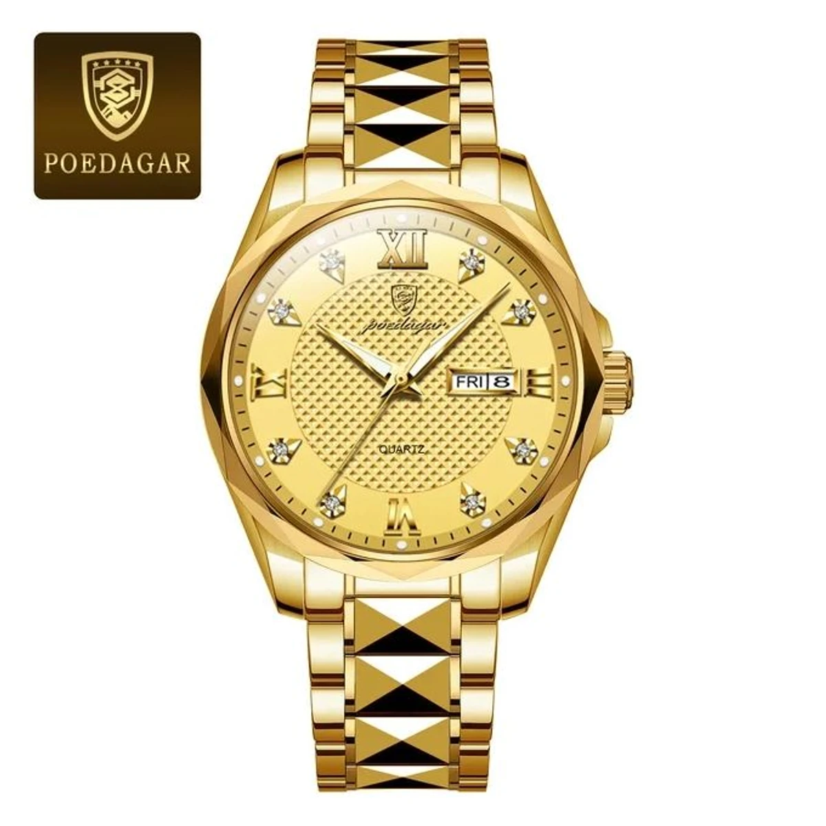 POEDAGAR 998 Luxury Luminous Date Week Men's Stainless Steel Quartz Watch (Golden)