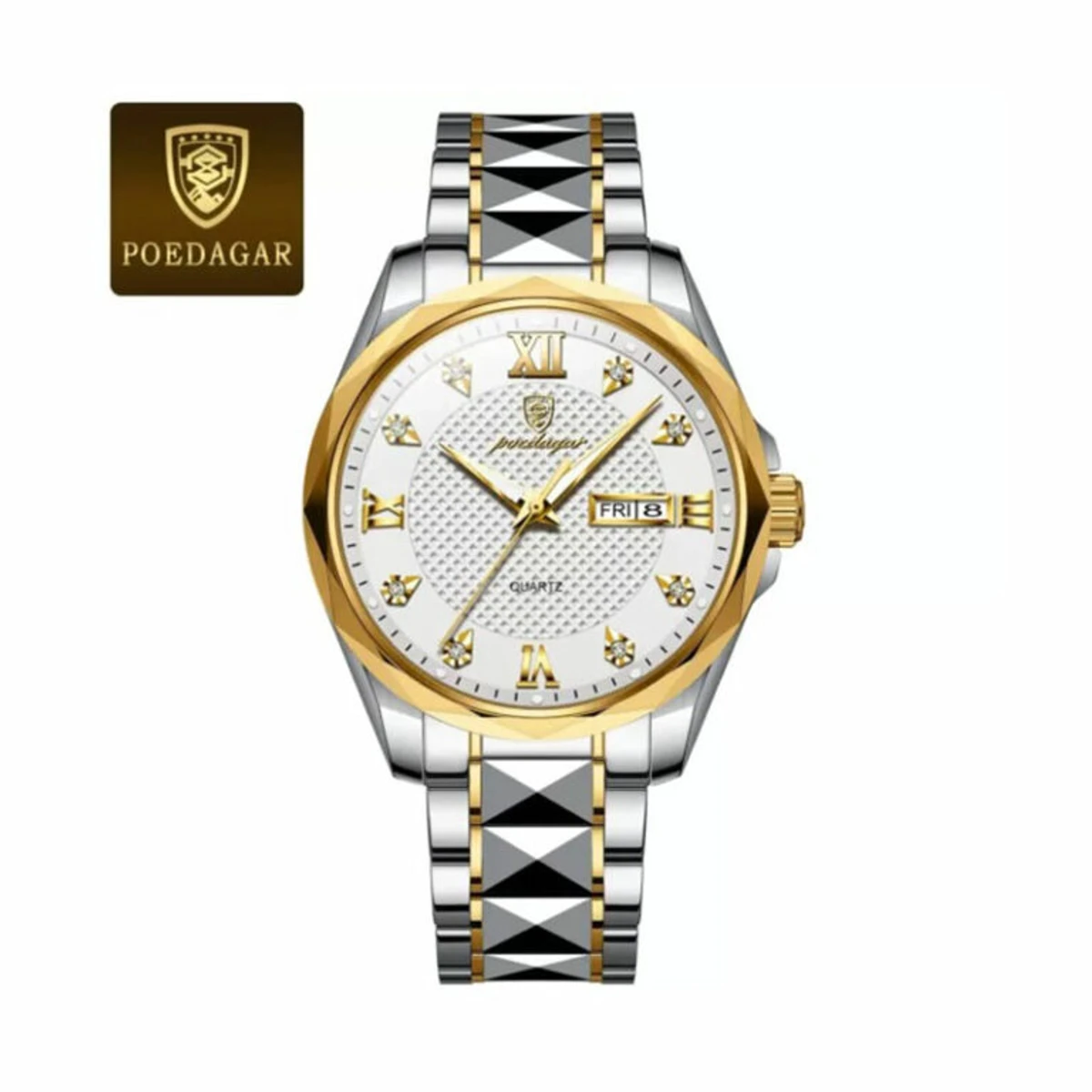 POEDAGAR 998 Luxury Luminous Date Week Men's Stainless Steel Quartz Watch ( White Dial )