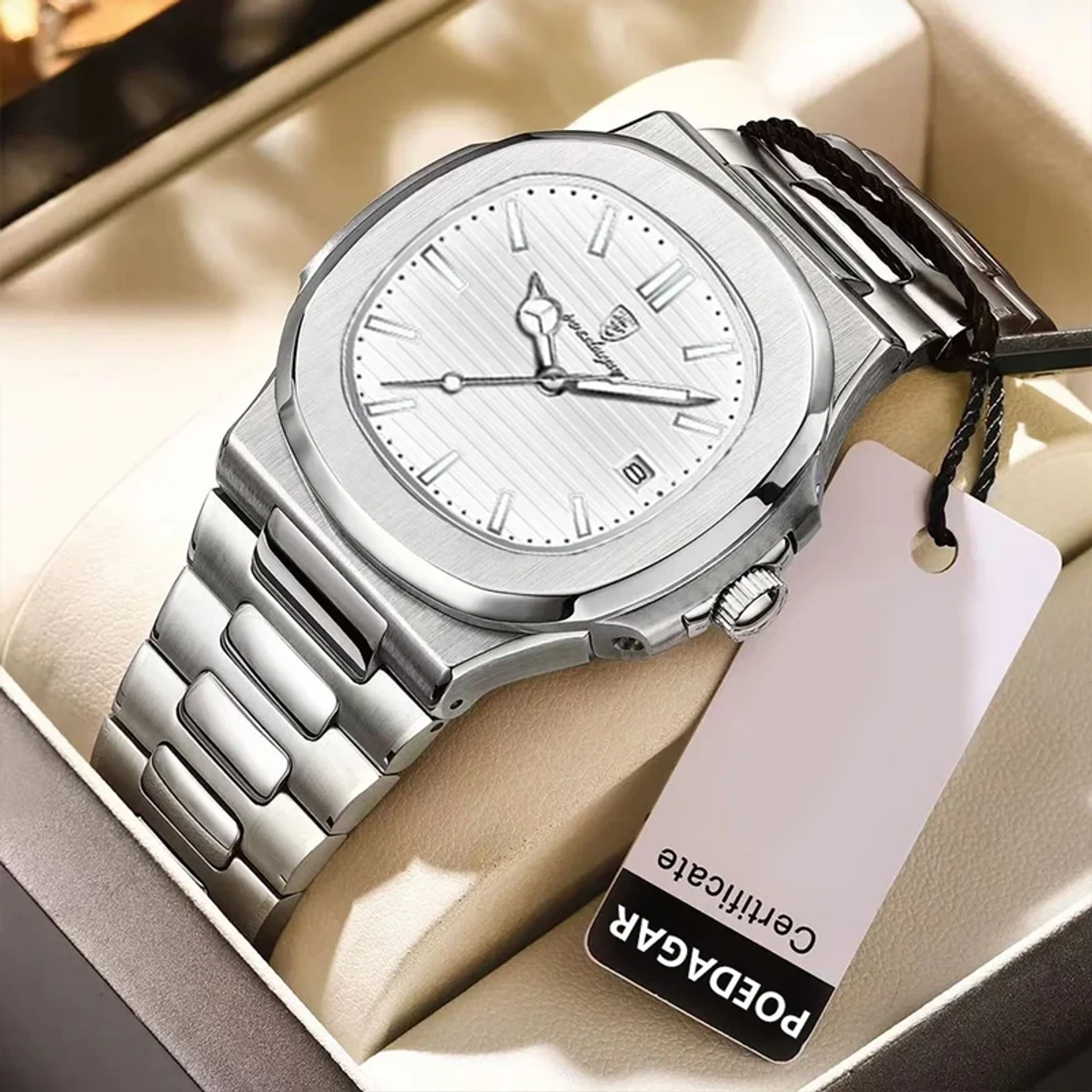 Poedagar 613 Luxury Stainless Steel Strap Watch (White Dial)